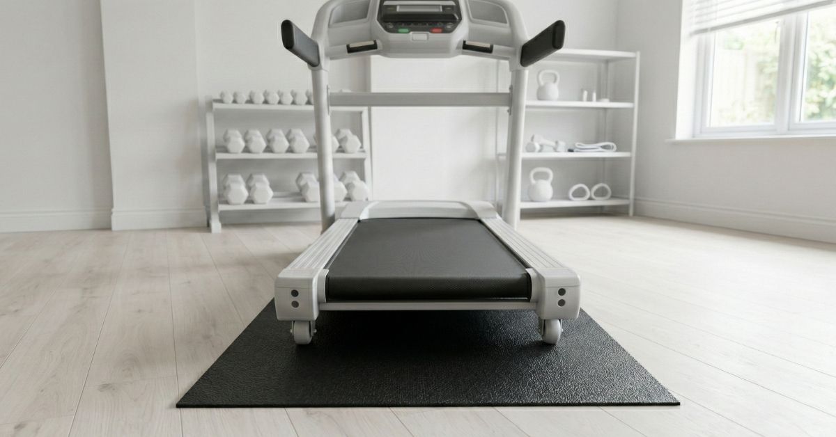 Bežecký pás v interiéri na gumovej ochrannej podložke